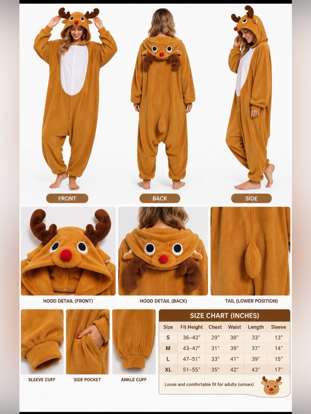 Reindeer One-piece Pajama Adult Unisex Halloween Christmas Party
Cosplay Costume